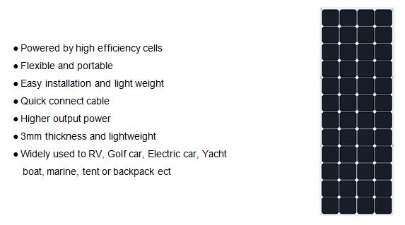 Features of 48 cells 12 by 4 array flexible and portable 170W mono solar panel
