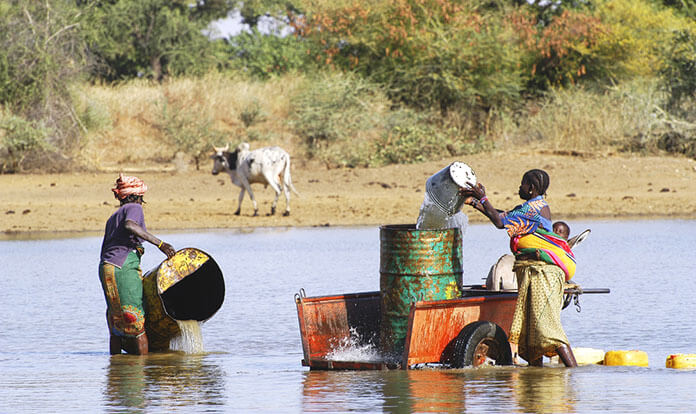African Women Filling and Transporting Water Bottles to Irrigate Crops on Their Farms